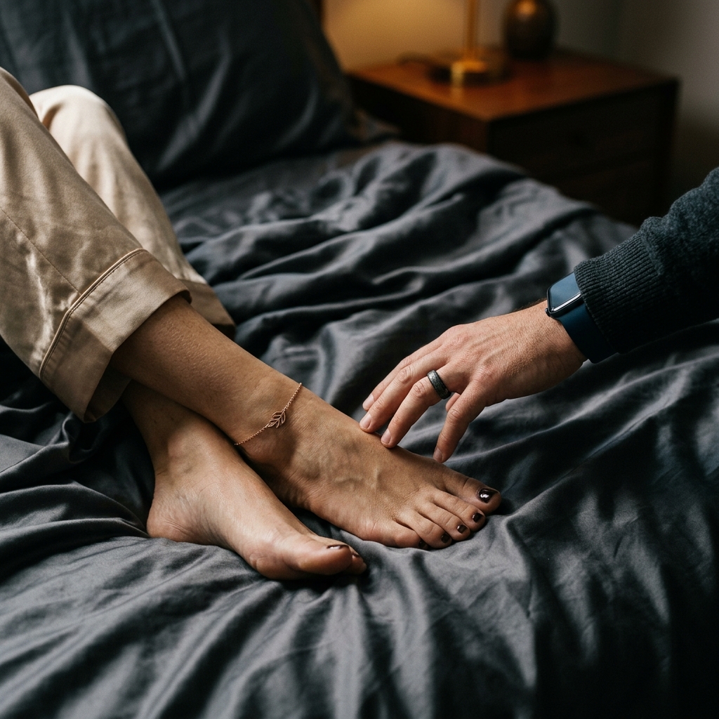 Pies de una pareja adulta descansando juntos en una cama